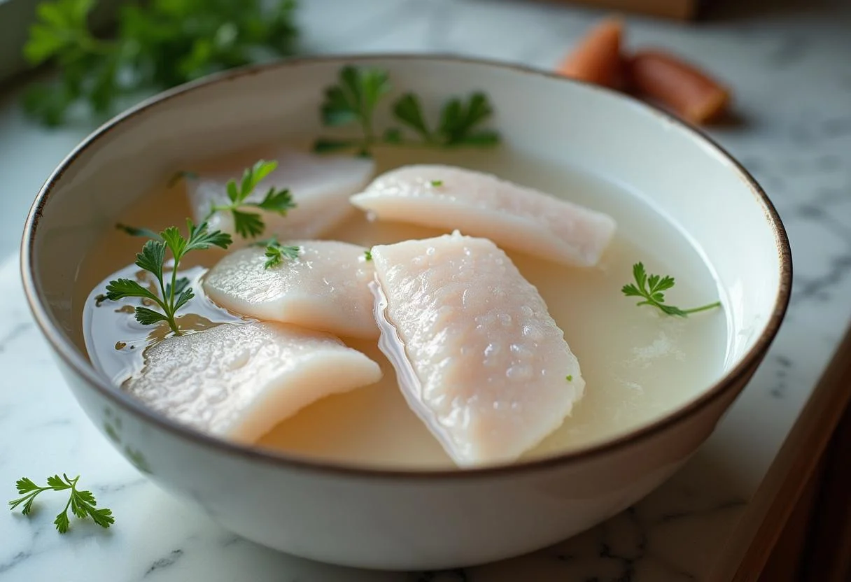 Bacalhau desfiado sendo hidratado em água fria para preparo da receita bacalhau à brás.