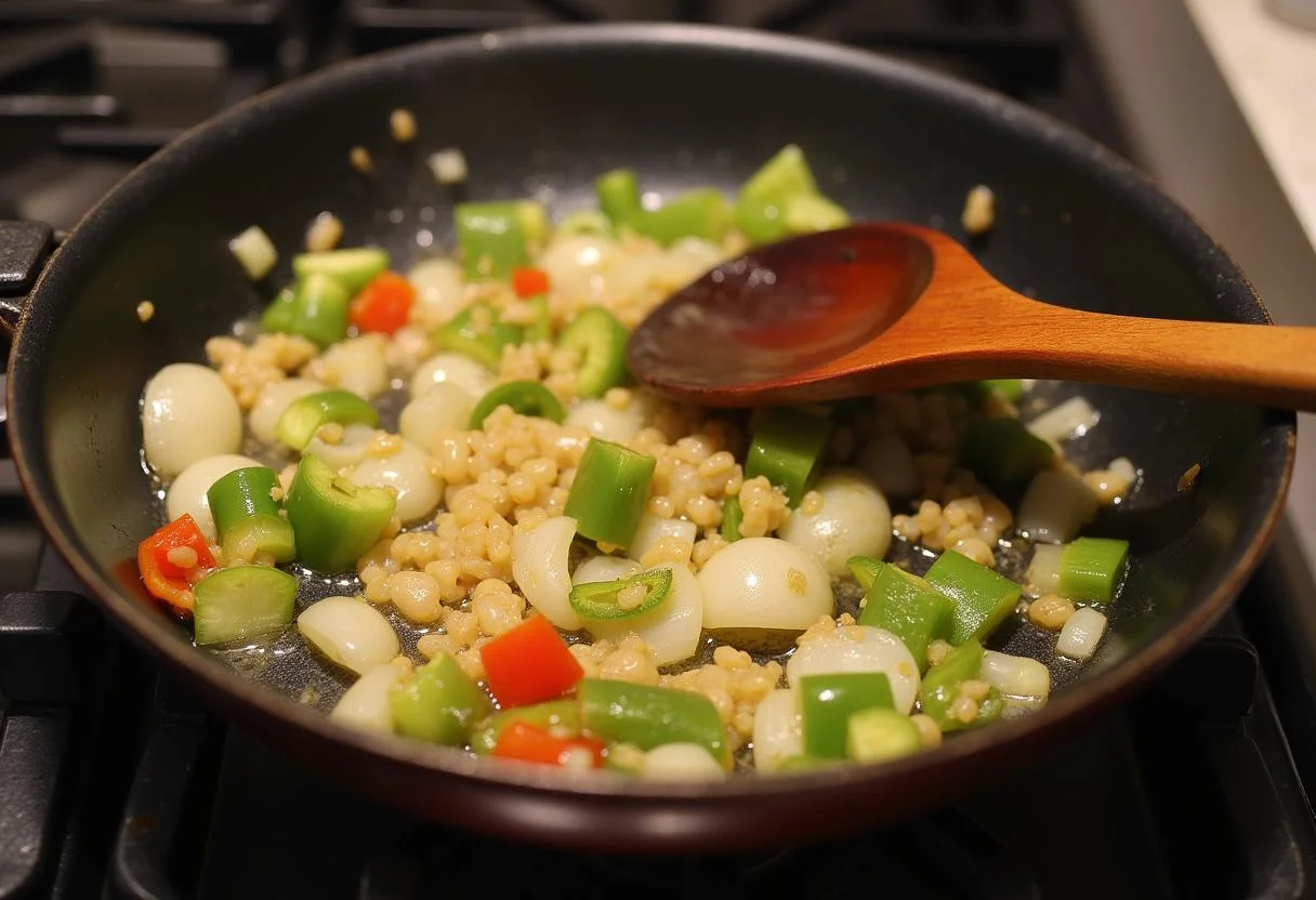 Cebolas e pimentões sendo refogados em azeite para bacalhau dourado, uma deliciosa receita de bacalhau à brás.