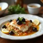 Bacalhau à espanhola grelhado cuidadosamente servido, delicioso para refeições.