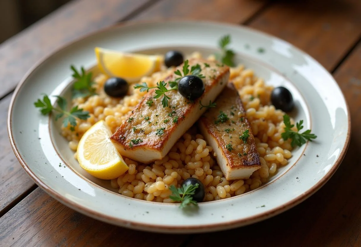 Bacalhau à espanhola grelhado cuidadosamente servido, delicioso para refeições.