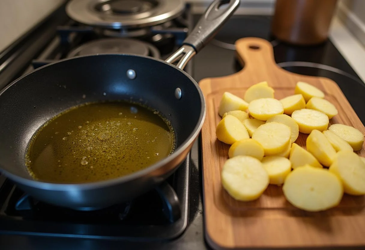 Batatas a espanhola sendo preparadas em uma frigideira com azeite para bacalhau à espanhola.