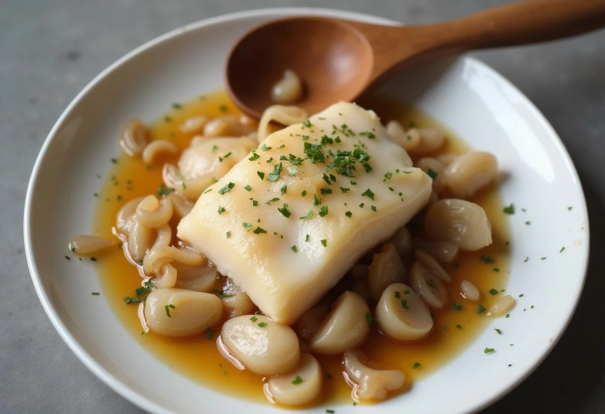 Mistura de bacalhau espanhol com cebolas e alho para o prato bacalhau à espanhola.
