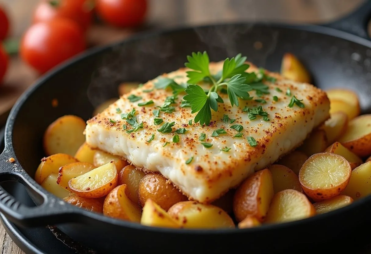 Cod prepararado sendo colocado sobre batatas a espanhola, finalizando o bacalhau à espanhola.