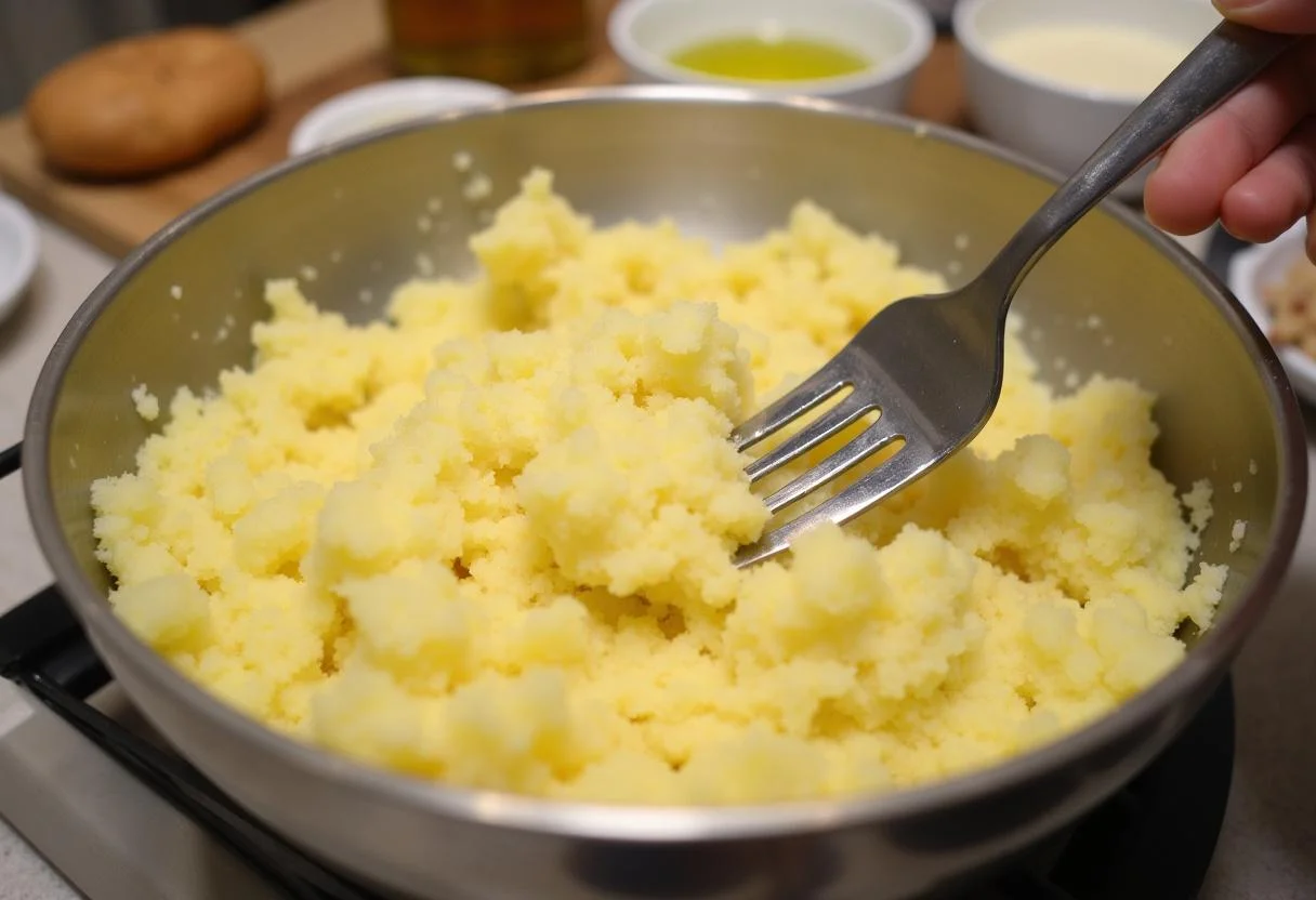 Mistura de batatas cozidas sendo amassadas para receita bacalhau espiritual.