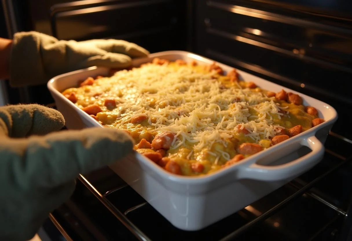 Prato de bacalhau espiritual sendo colocado no forno para gratinar.