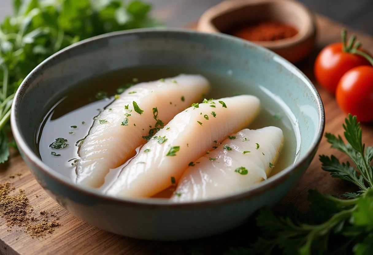 Bacalhau à Conde da Guarda ingredients including soaked salted cod ready for preparation.