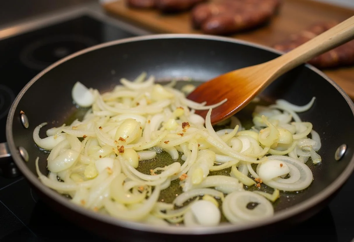 Onions and garlic being sautéed in olive oil for Bacalhau à Conde da Guarda recipe.