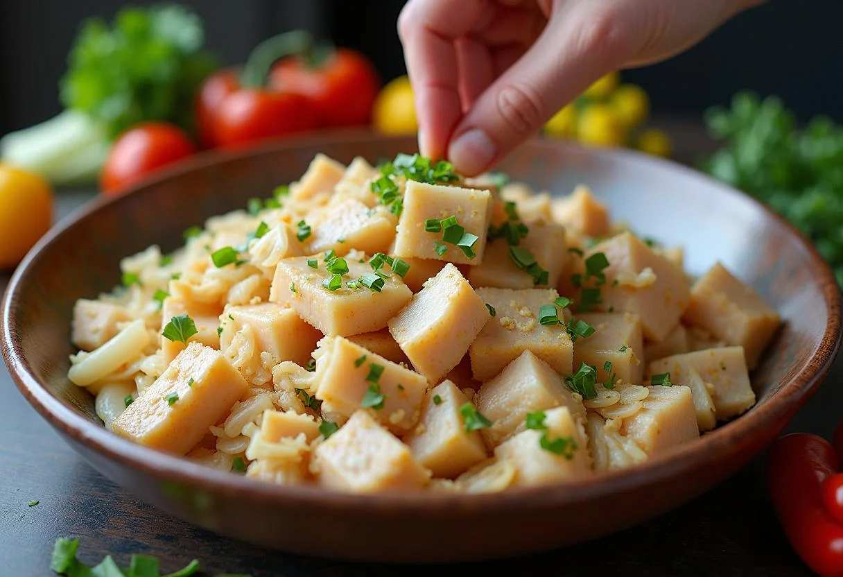 Shredded cod combined with sautéed ingredients for preparing Bacalhau à Conde da Guarda.