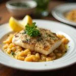 Delicious bacalhau à narcisa served with garnish, ideal for a festive meal.