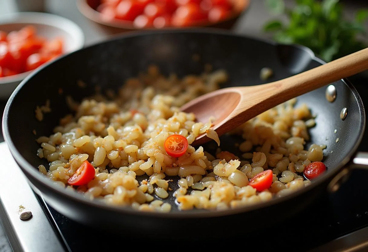 Sautéed onions and garlic being stirred for the bacalhau à narcisa dish preparation.