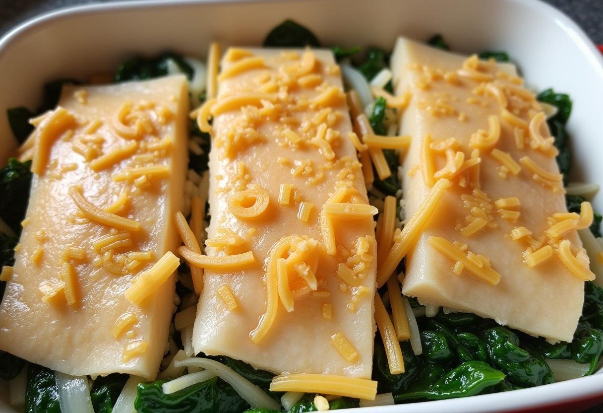 Camadas de bacalhau sobre espinafre para preparar bacalhau com broa no forno.