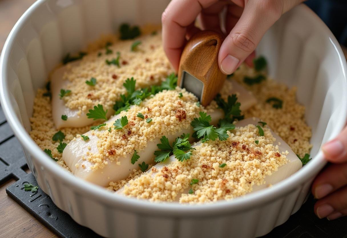 Mistura de broa de milho sendo adicionada sobre o bacalhau com broa.