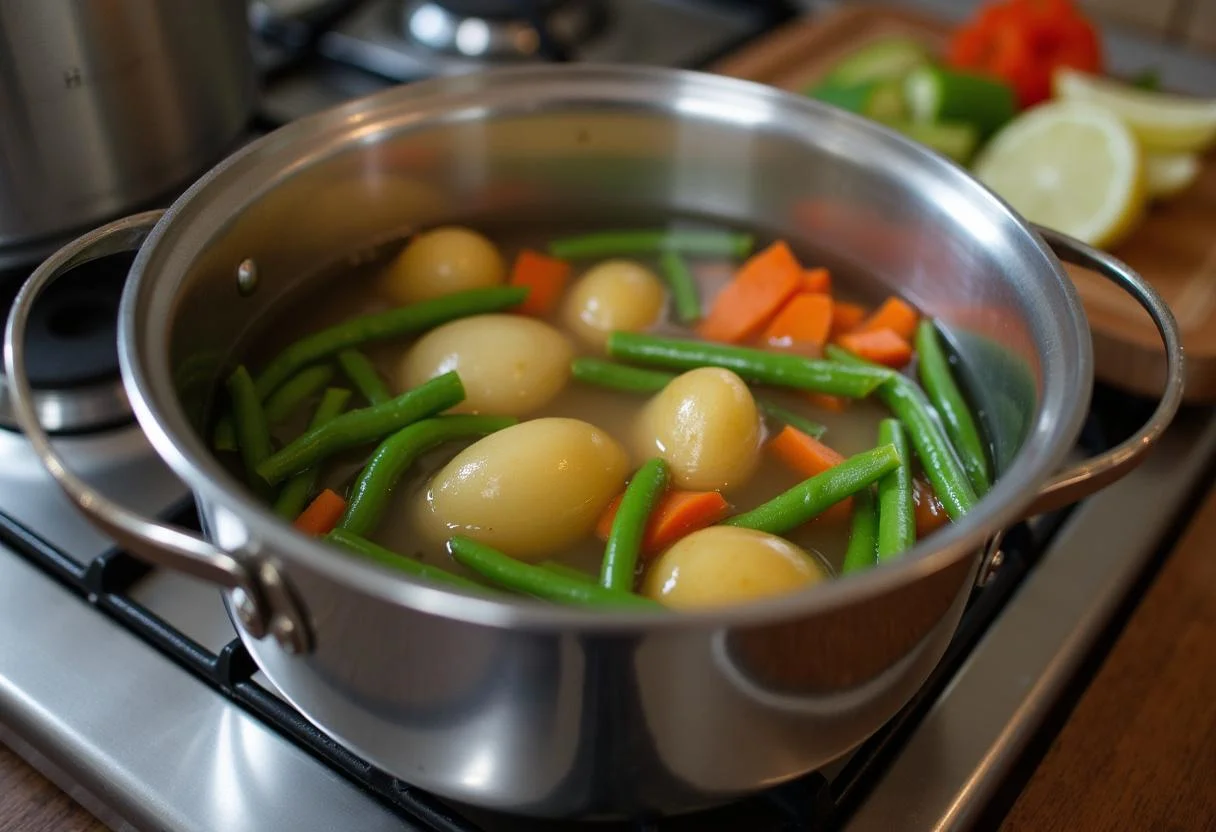 Vegetais picados a serem preparados para o bacalhau com todos, com água a ferver visível no fogão.