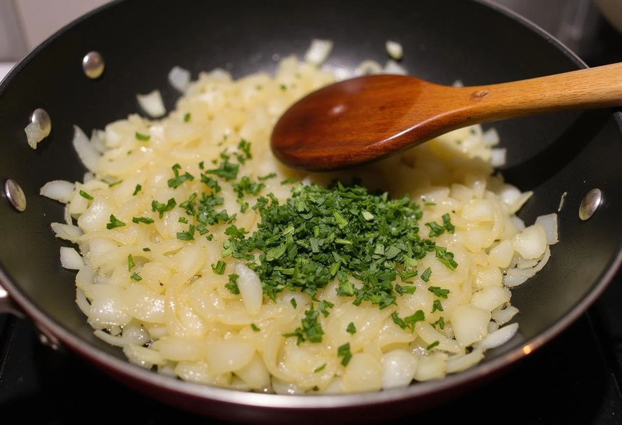 Cebolas e alho refogando numa frigideira para bacalhau com todos, realçando os sabores do prato.