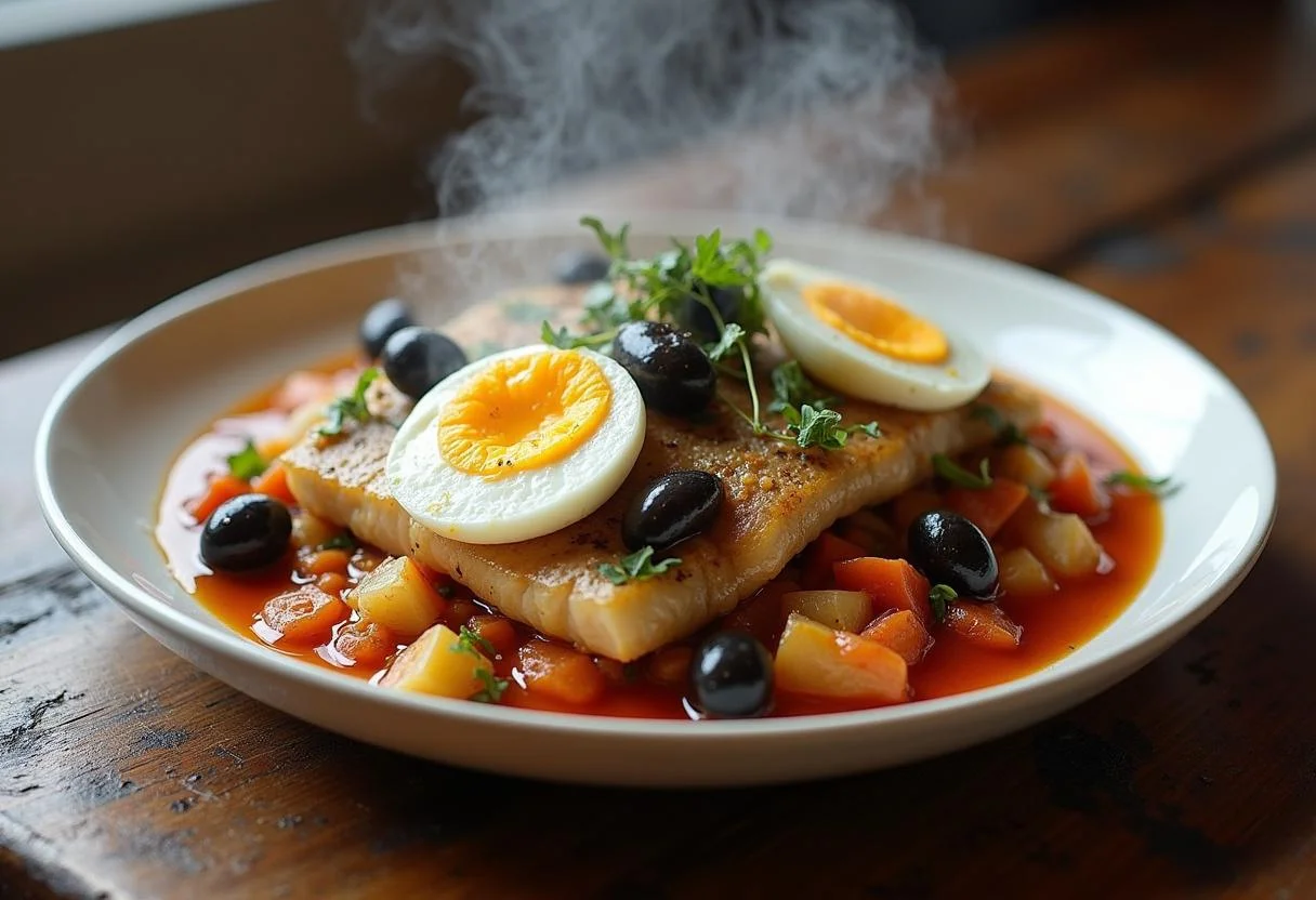 Bacalhau com todos com vegetais, decorado com azeitonas, pronto para ser apreciado.