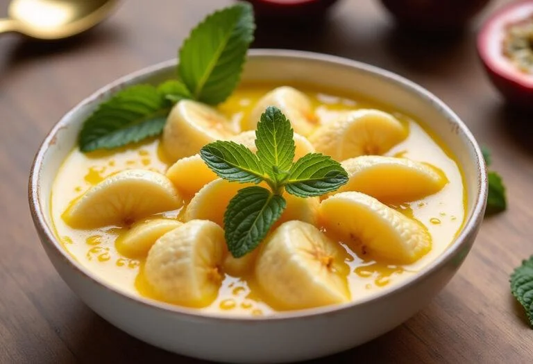 Elegant presentation of banana com polpa de maracujá dessert, showcasing the flavors of banana and passion fruit.