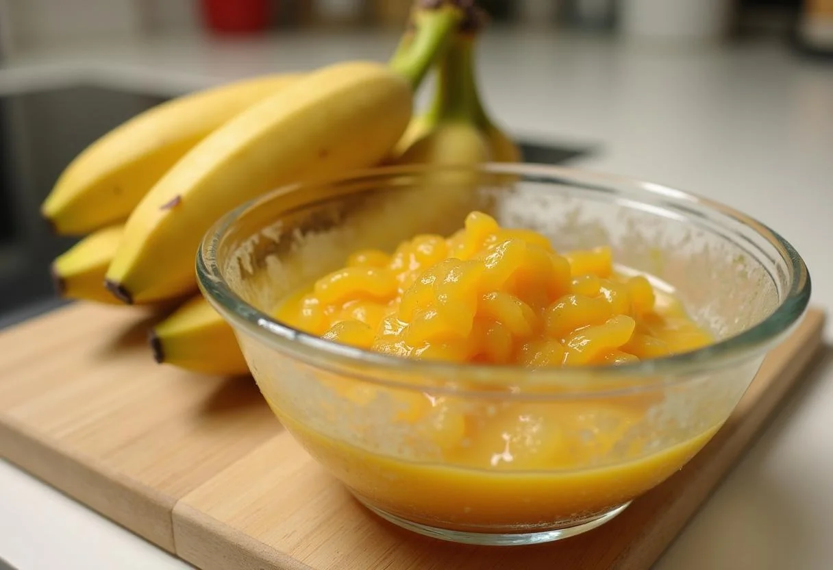 Polpa de maracujá preparada com açúcar para a receita de banana com polpa de maracujá.