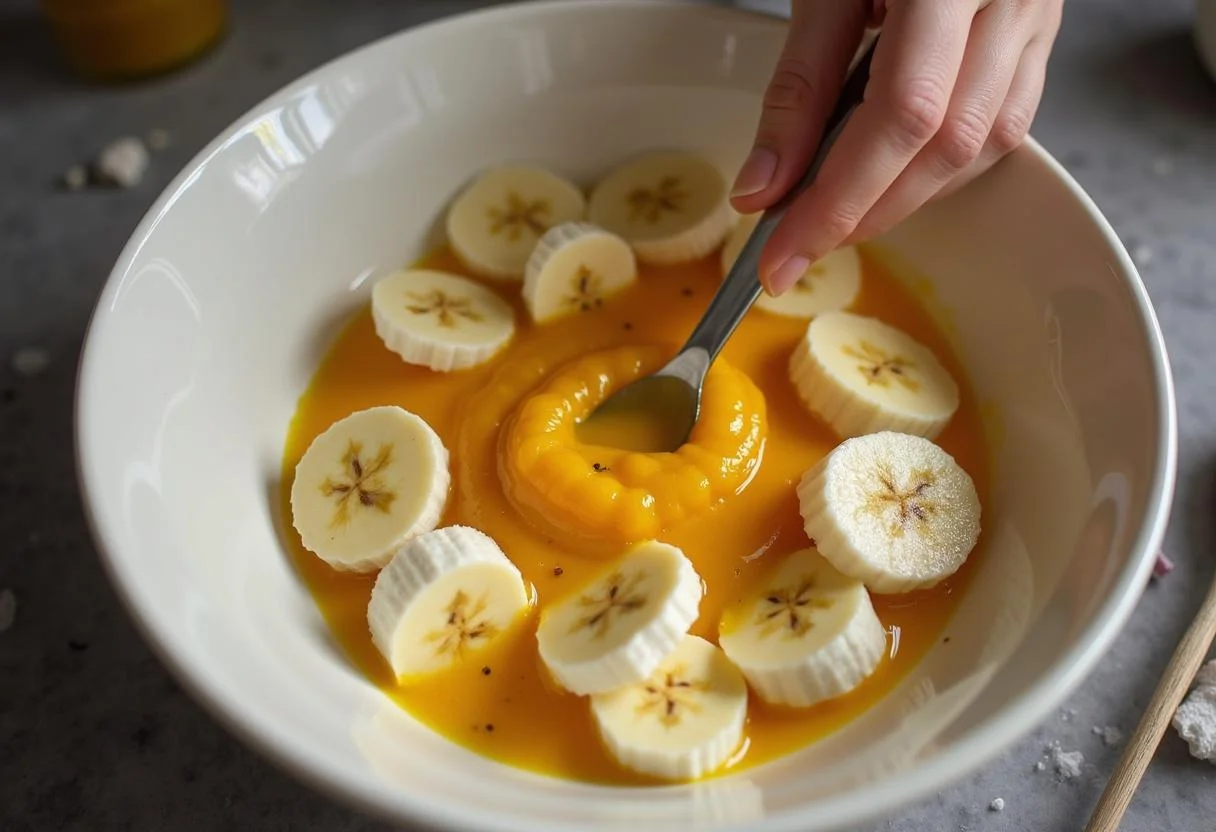 Bananas misturadas com polpa de maracujá para uma deliciosa sobremesa de banana com polpa de maracujá.