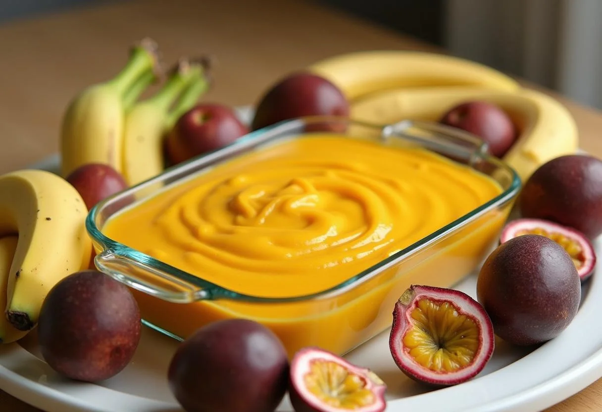 Travessa de servir cheia de banana com polpa de maracujá, pronta para ser saboreada.