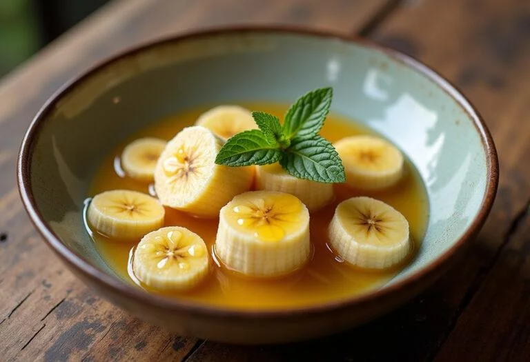 Finished natural banana da Madeira dessert garnished with mint and honey, perfect for healthy eating.