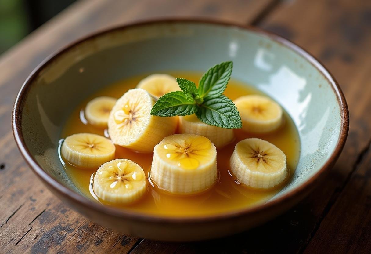 Finished natural banana da Madeira dessert garnished with mint and honey, perfect for healthy eating.