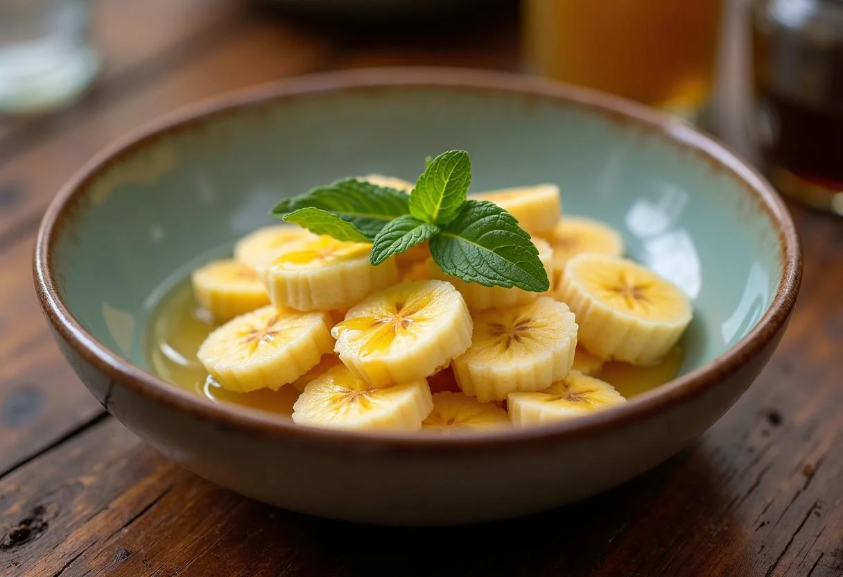 Sobremesa natural de banana da Madeira finalizada, decorada com hortelã e mel, perfeita para uma alimentação saudável.