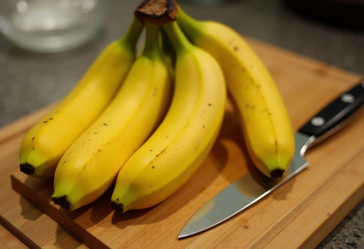 Cacho de banana da Madeira madura em uma tábua de corte para preparação natural.
