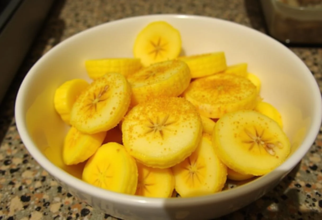 Banana da Madeira fatiada em uma tigela, pronta para a preparação da sobremesa natural.