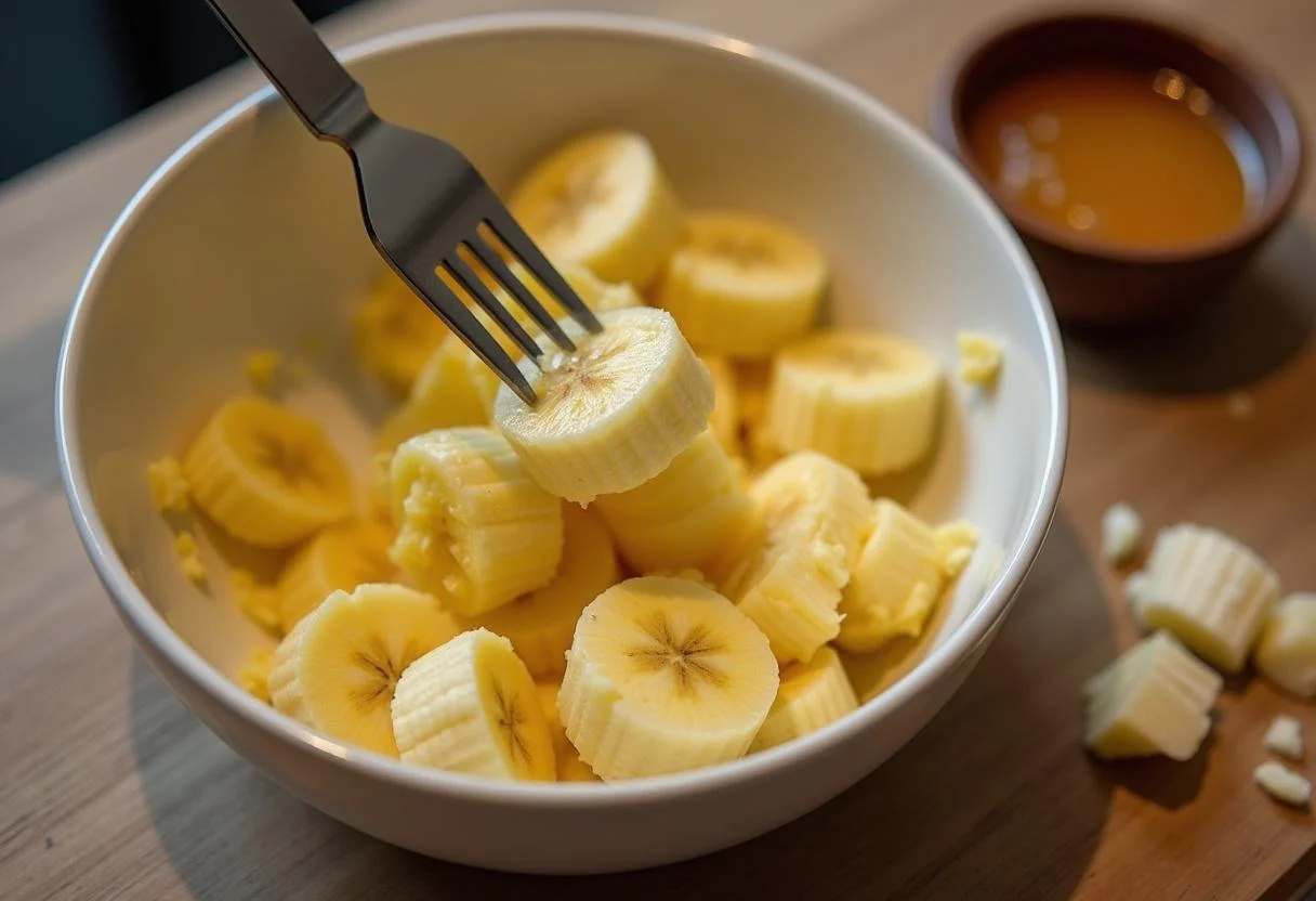 Amassando banana da Madeira em uma tigela com um garfo, preparando para uma receita de sobremesa natural.