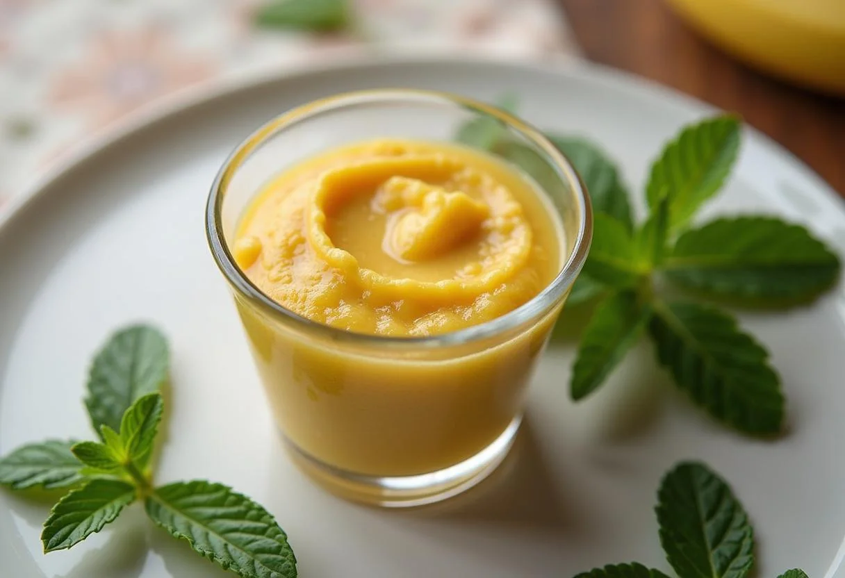 Travessa de vidro cheia de purê de banana da Madeira, pronta para servir como um deleite natural.