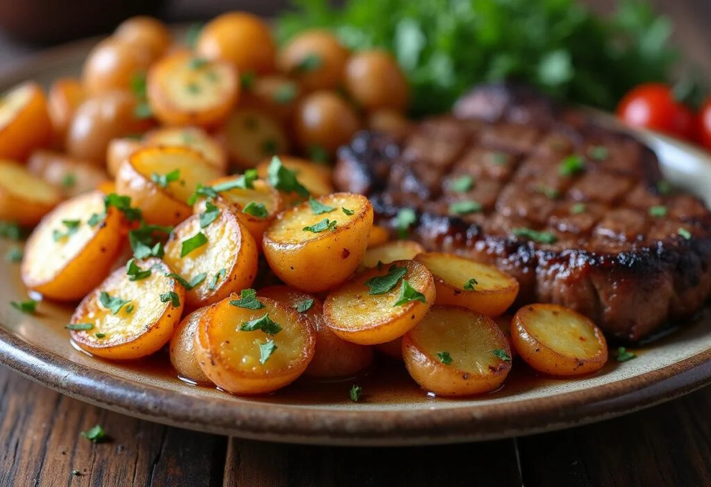Batatas assadas crocantes servidas com carne, perfeitas para uma refeição.