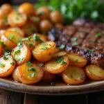 Batatas assadas crocantes servidas com carne, perfeitas para uma refeição.