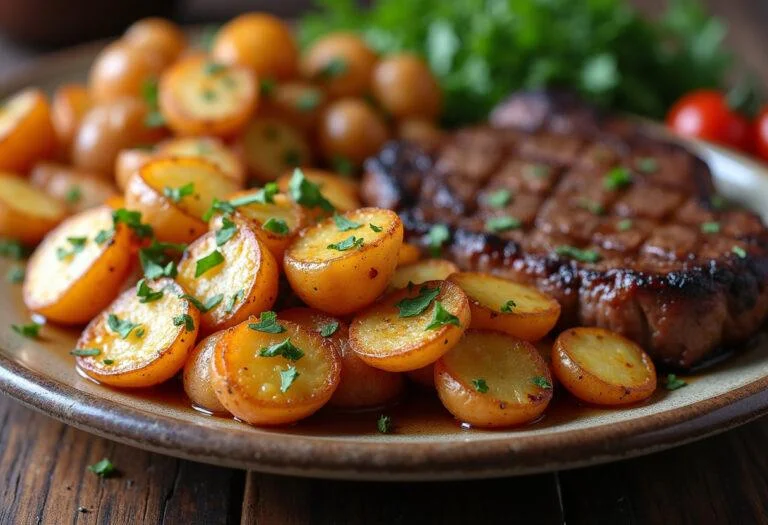 Batatas assadas crocantes servidas com carne, perfeitas para uma refeição.