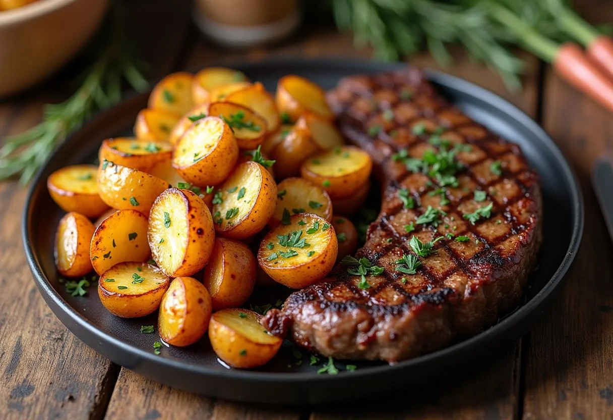 Batatas assadas crocantes servidas com carne, perfeitas para uma refeição.
