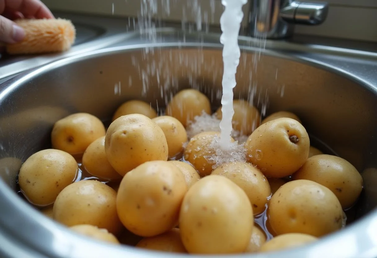 Batatas sendo lavadas para preparar batata assada no forno crocante.