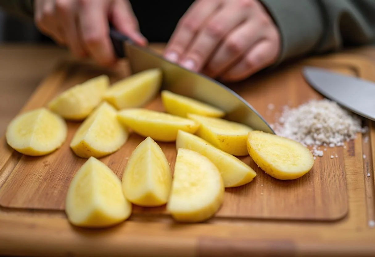 Batatas cortadas em gomos com temperos para assar no forno.