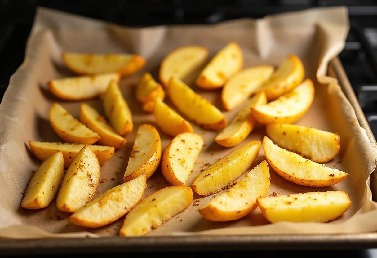 Bandeja com batatas assadas pronta para ir ao forno.
