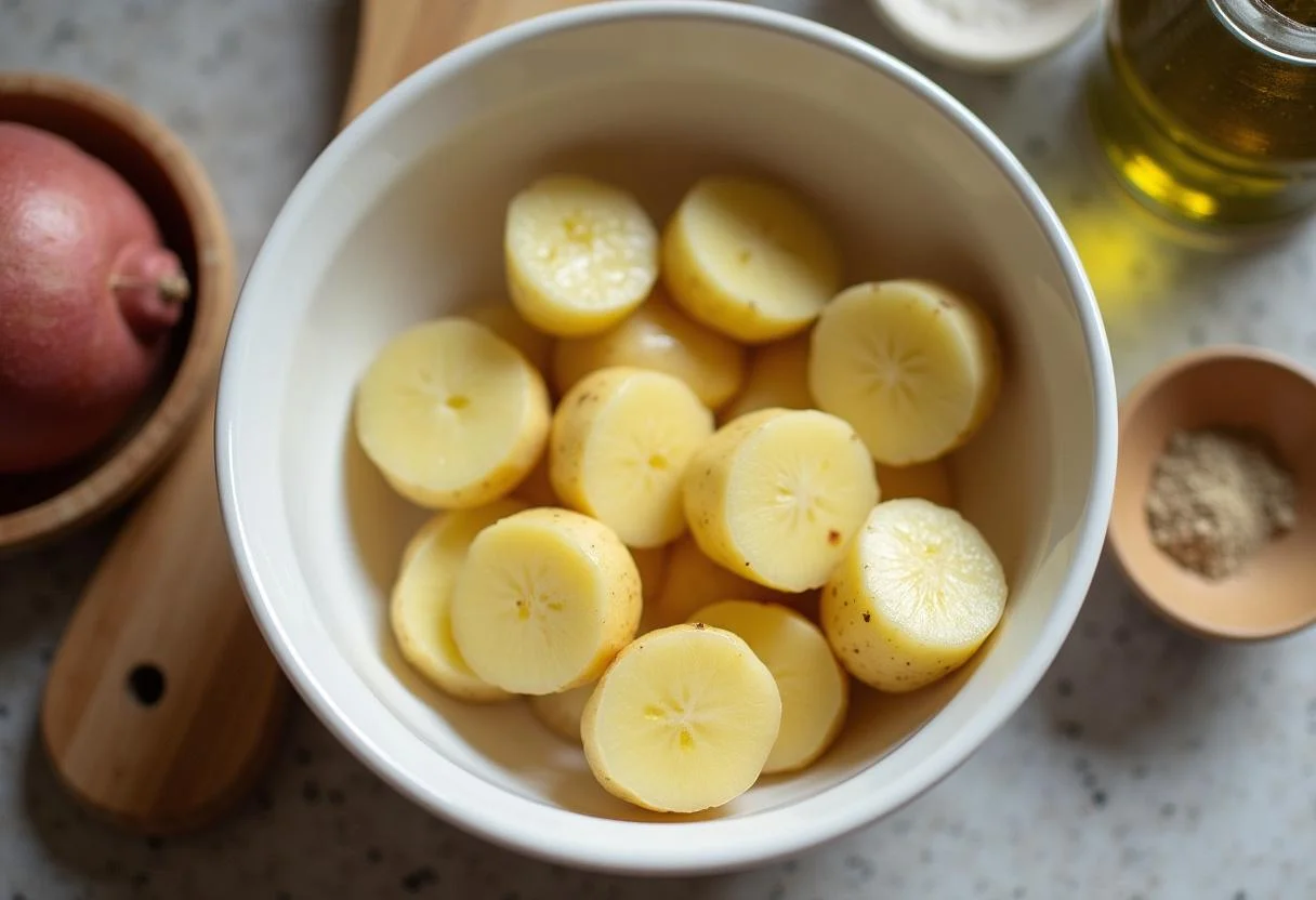 Batata frita na air fryer, batatas fatiadas preparadas para serem temperadas.