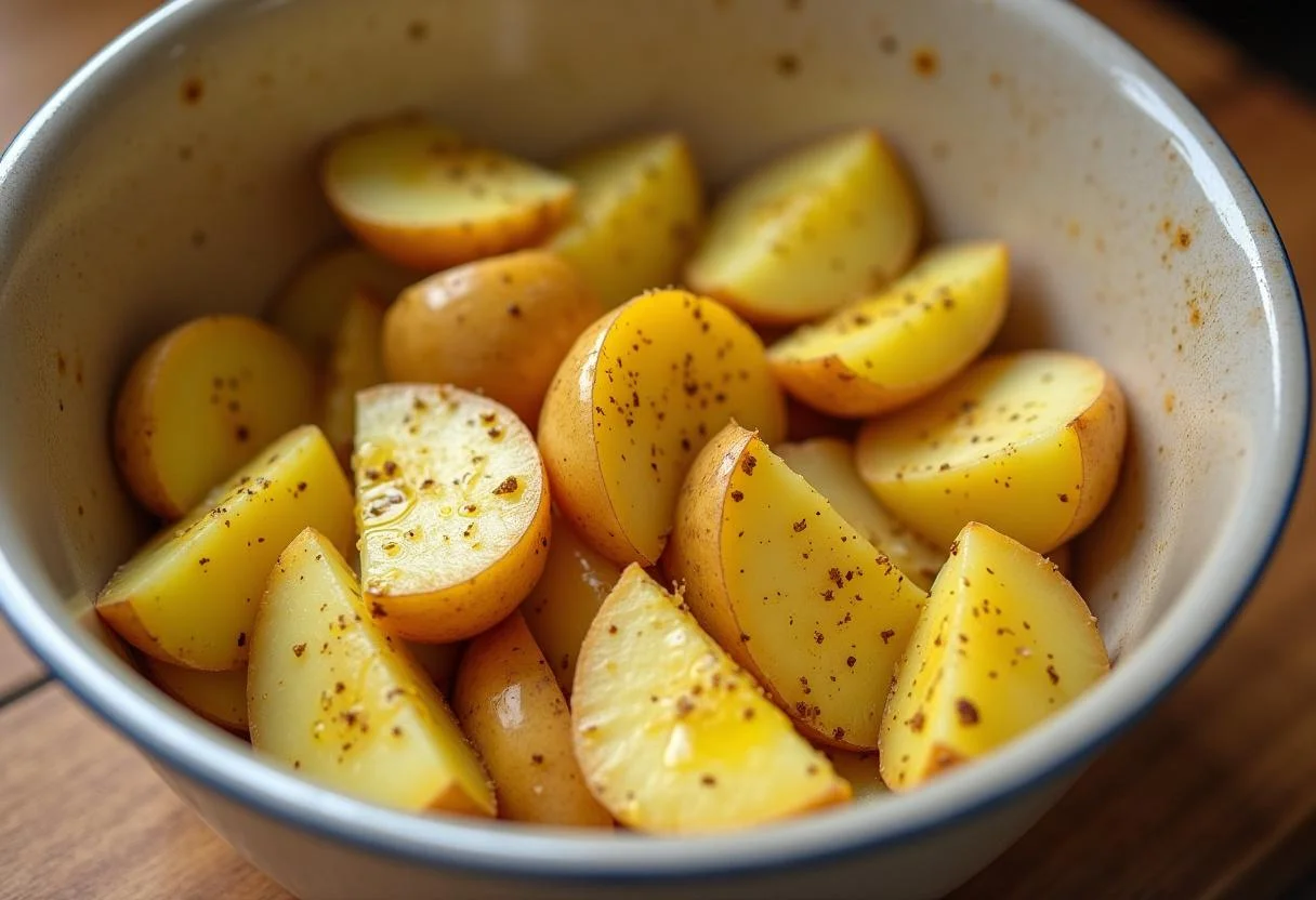 Batata frita na air fryer, batatas sendo misturadas com temperos para uma fritura saudável.