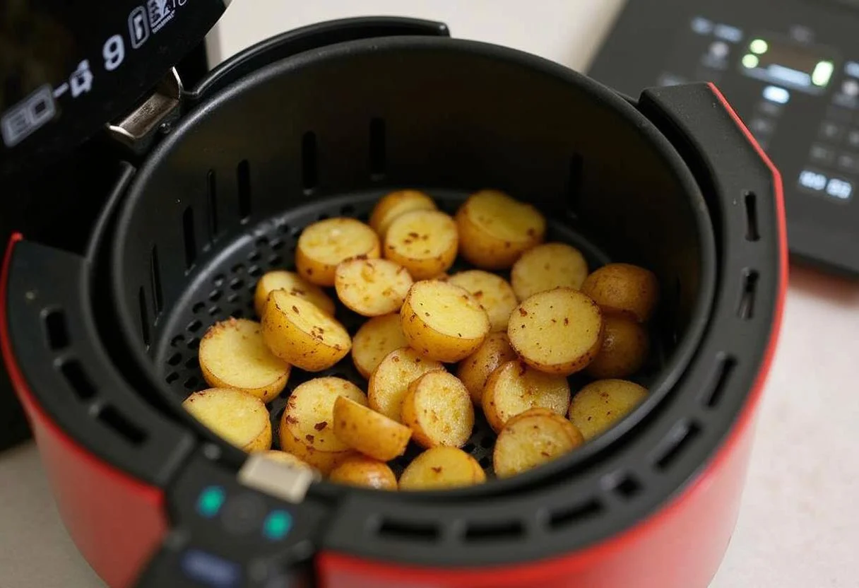 Batata frita na air fryer colocadas na cesta da fritadeira para cozinhar.