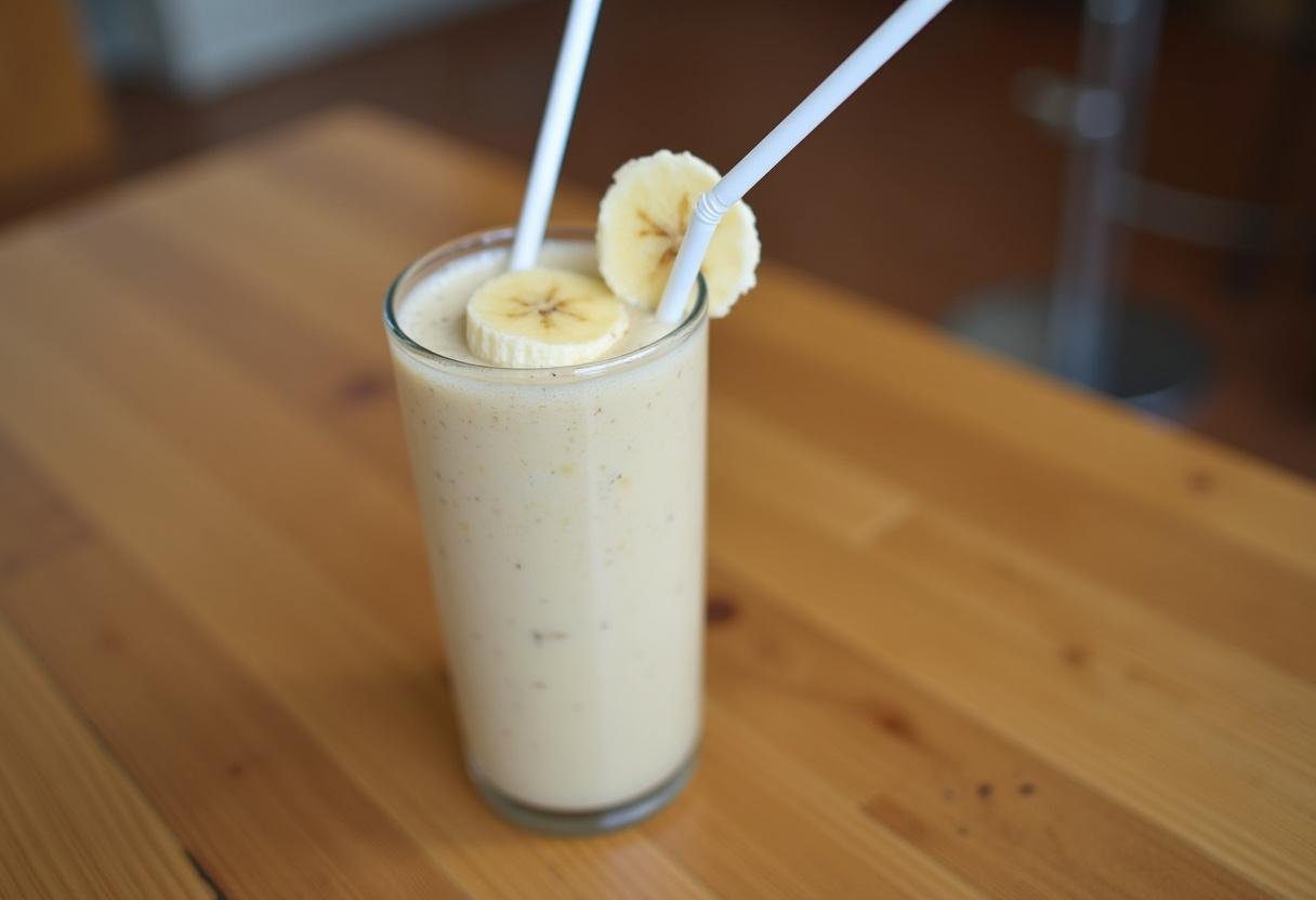 Batido de banana natural servido em um copo, decorado com uma fatia de banana.
