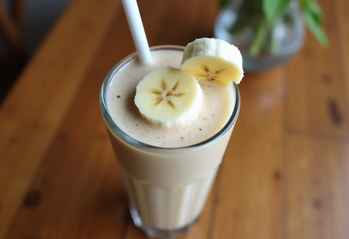 Batido de banana natural servido em um copo, decorado com uma fatia de banana.