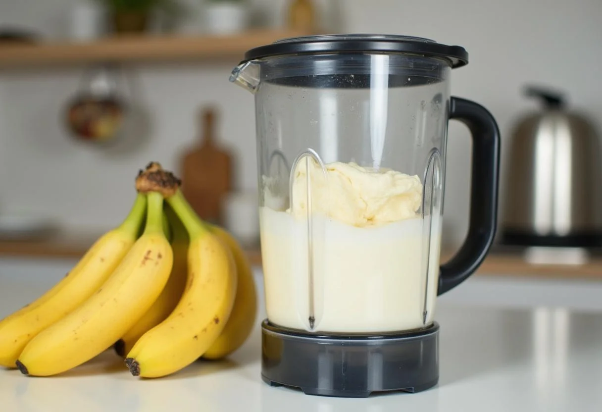 Ingredientes para batido de banana natural preparados no liquidificador.