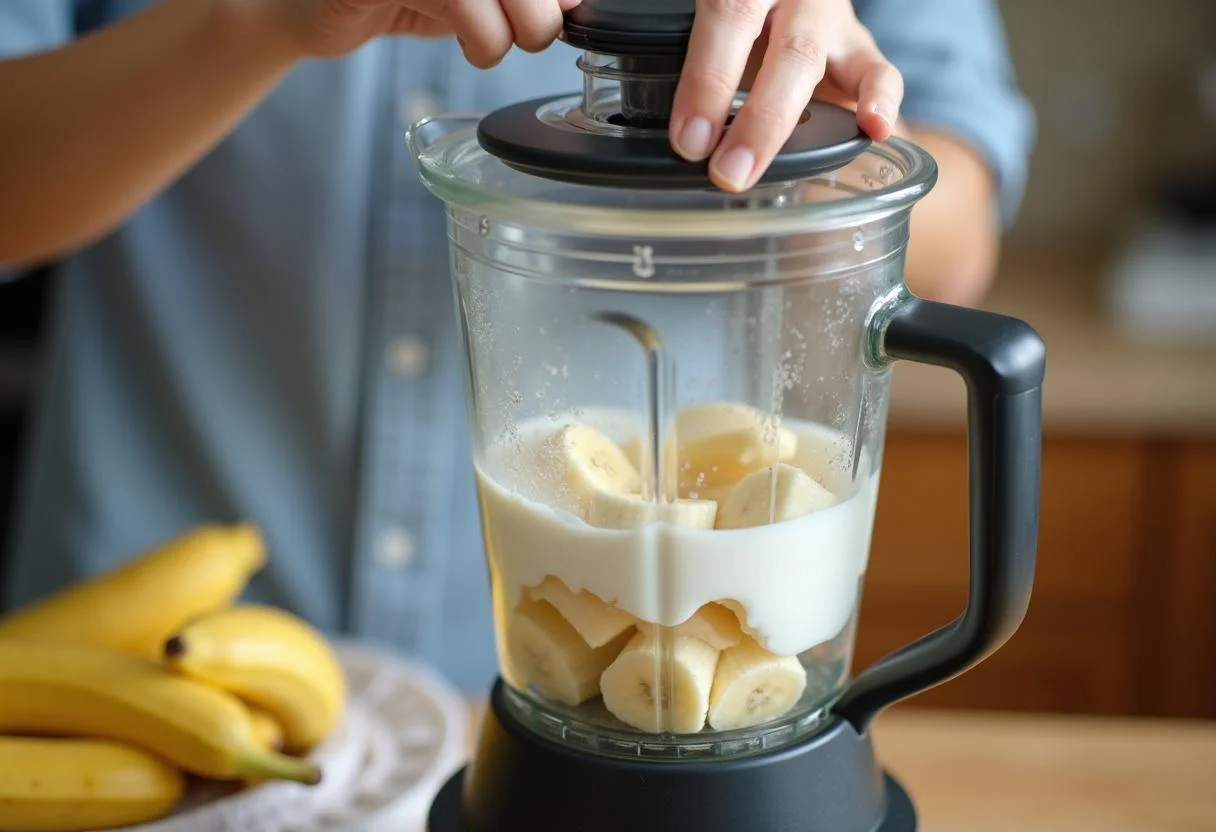 Mistura de batido de banana sendo feita no liquidificador.