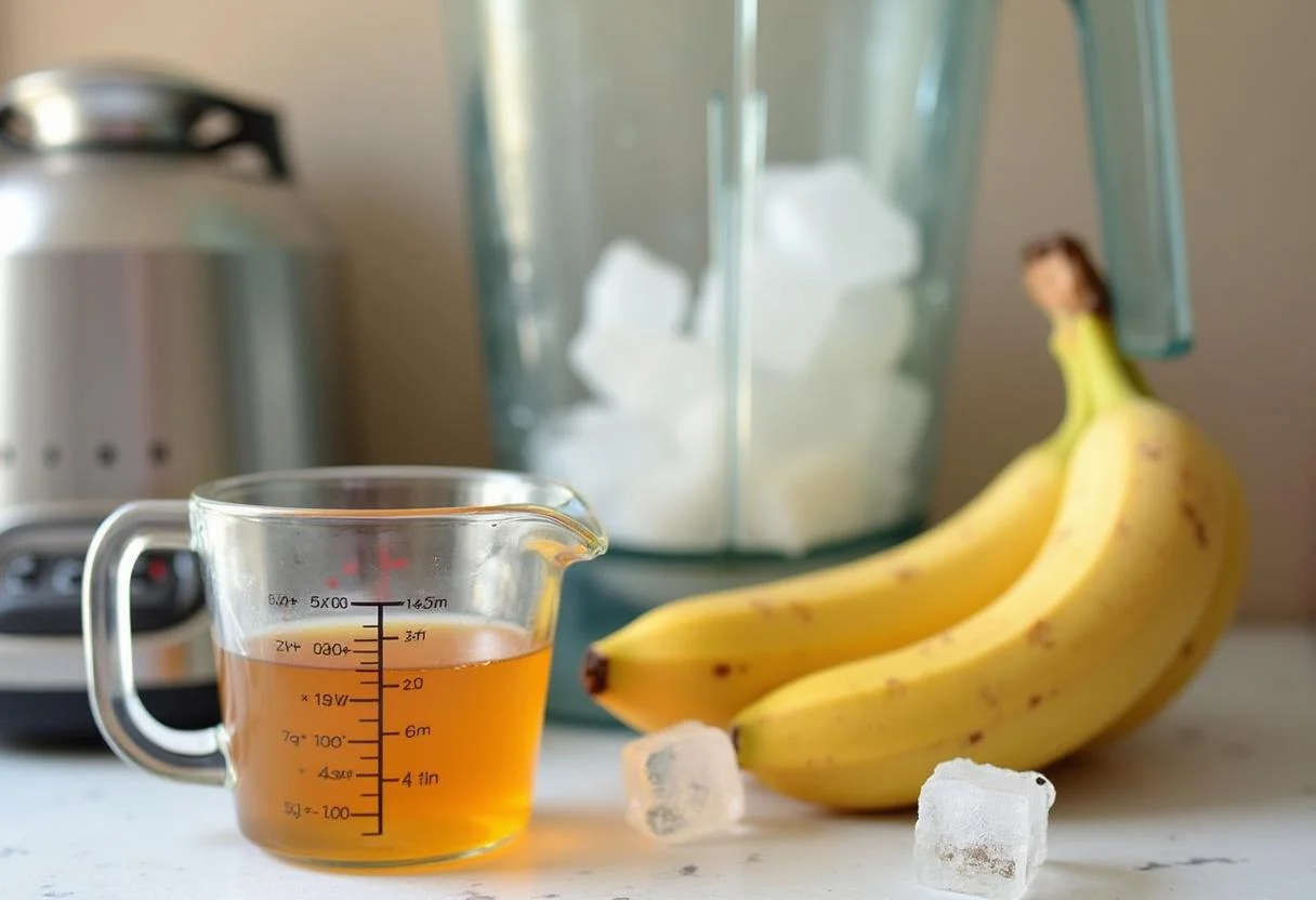 Mel e gelo prontos para serem adicionados ao batido de banana natural.
