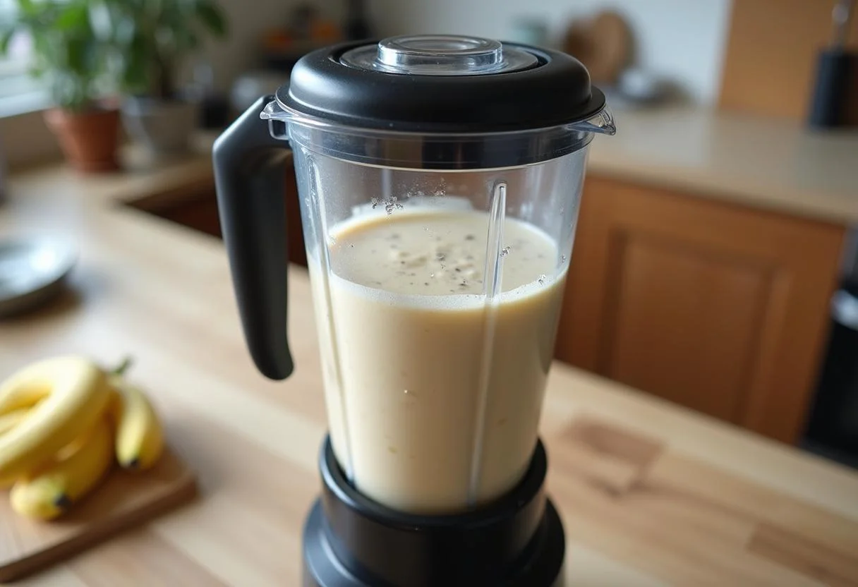 Batido de banana natural pronto para ser servido após o processamento no liquidificador.