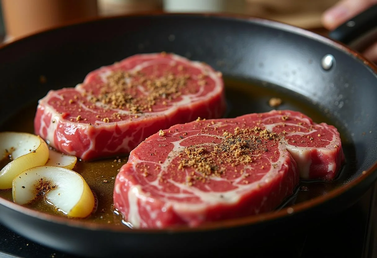 Bifes de carne adicionados à frigideira com cebolas refogadas para bifes de cebolada.