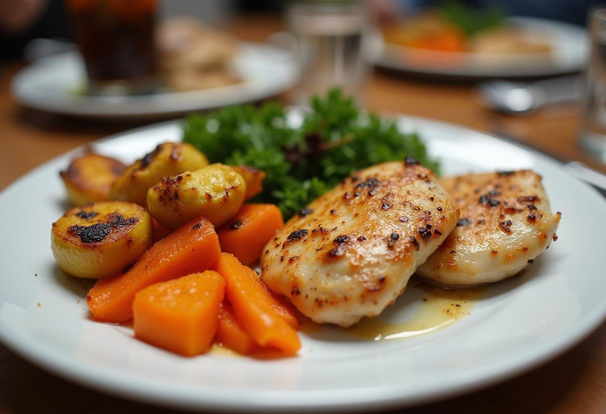 Prato de jantar com bifes de frango temperados e legumes assados, ideal para receitas de bifes de frango.