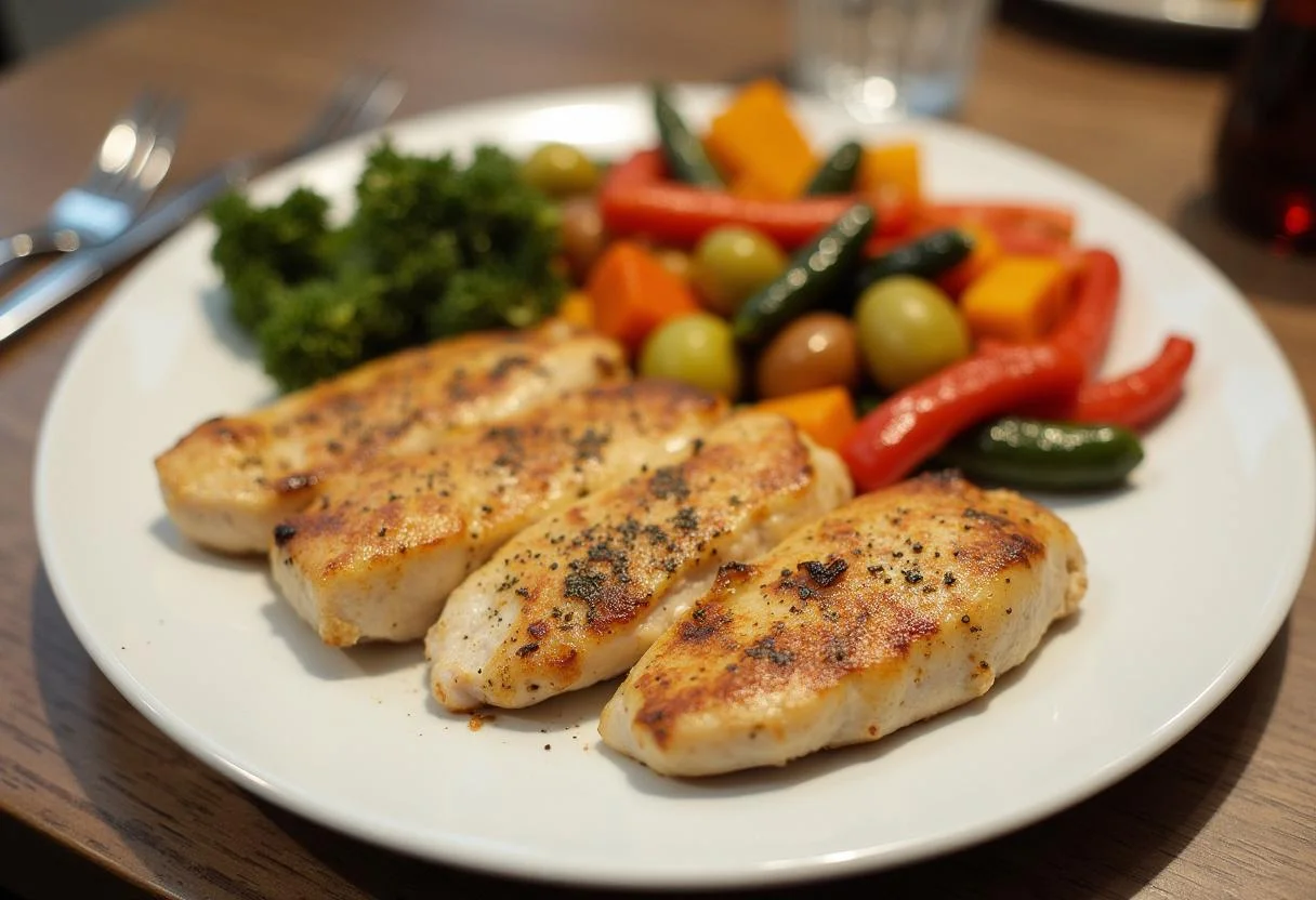 Prato de jantar com bifes de frango temperados e legumes assados, ideal para receitas de bifes de frango.