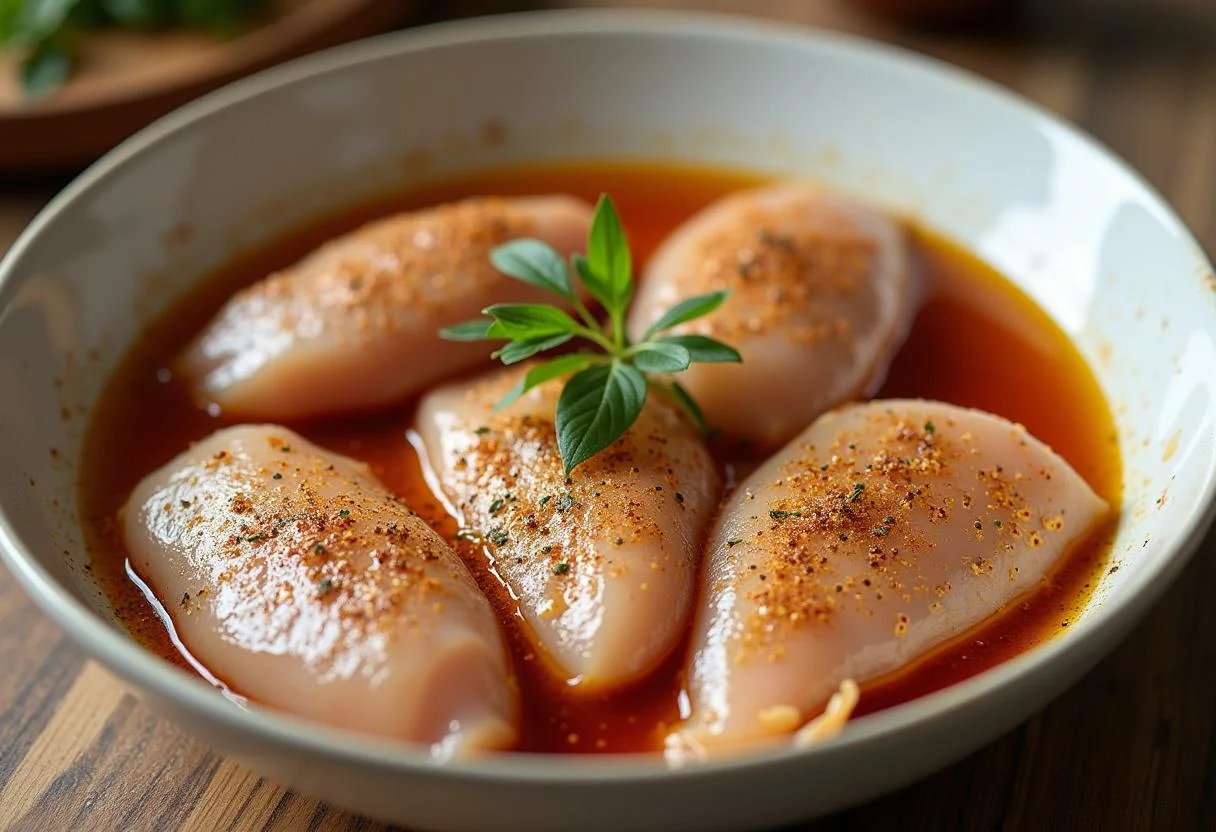 Bifes de frango marinando com ervas e especiarias para receitas de bifes de frango.